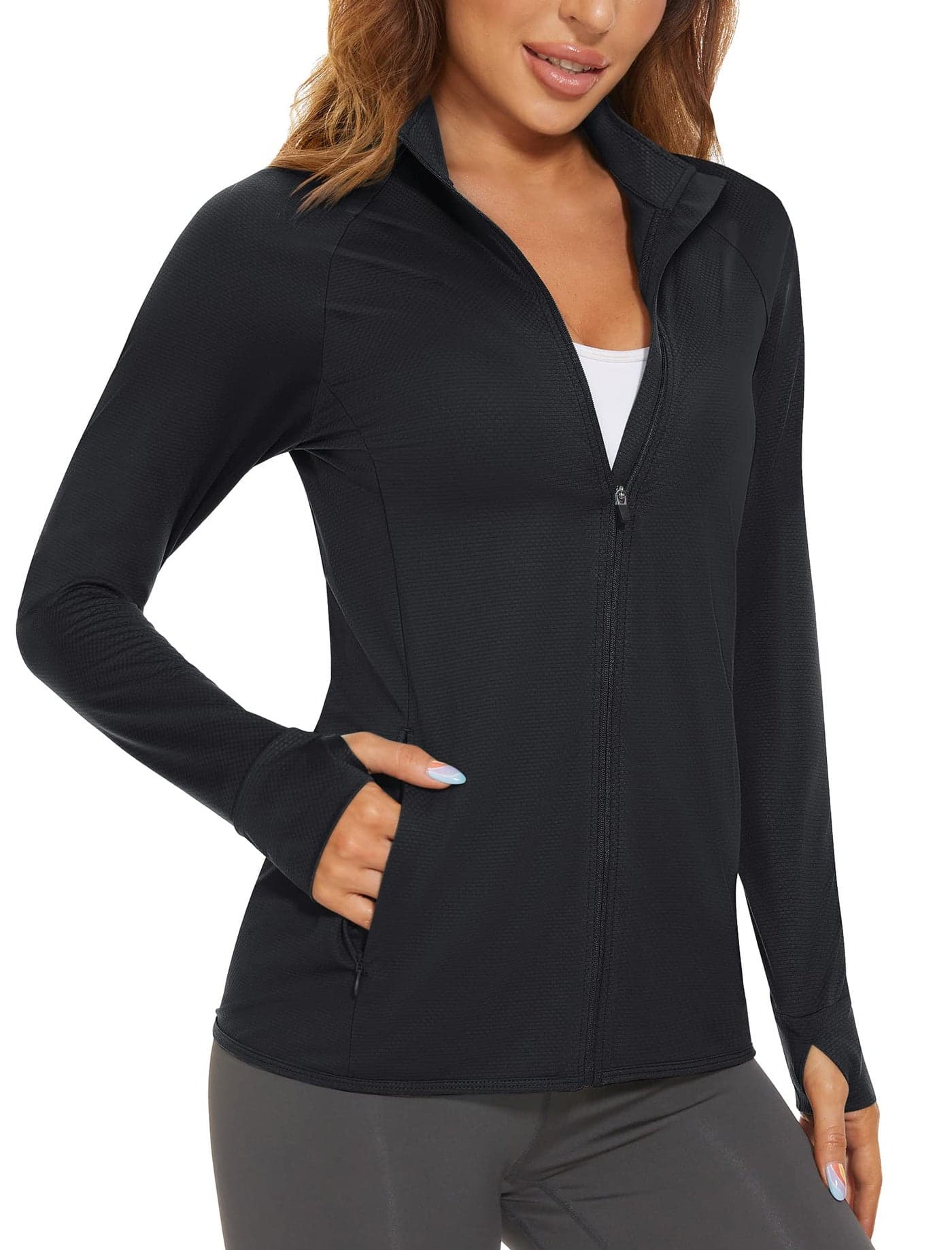 MAGCOMSEN Women's UPF 50+ Lightweight Athletic Jacket Sun Protection Full Zip Long Sleeve Shirts Hiking Outdoor Pockets Black 2XL