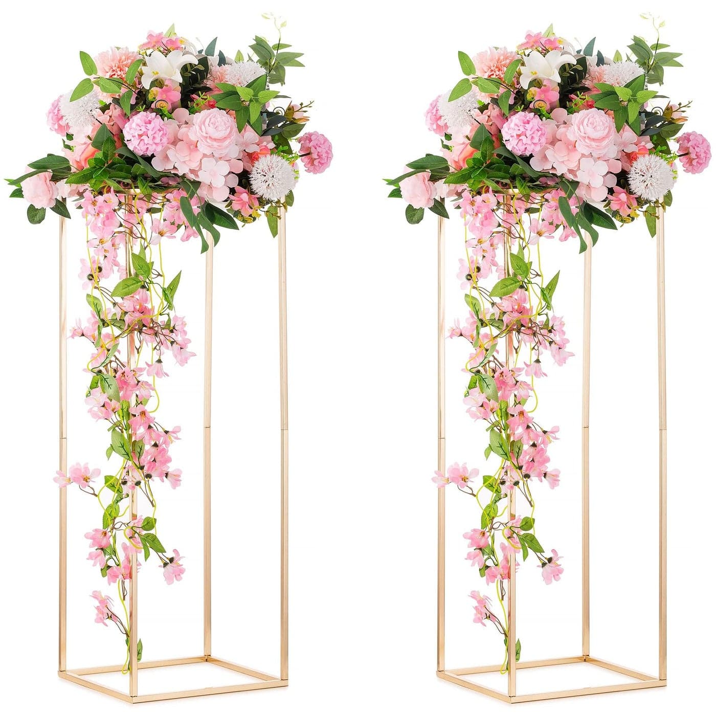 Inweder Column Vases Wedding Centerpieces for Tables 2 Pcs Metal Flower Stand Gold Tall Floor Vase 315in Rectangular Geometric Flower Rack for Wedding Decorations Event Home Party