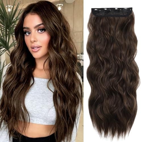 PRAVRAJYA Women Hair Extension Full Head Wig 22 Inch Synthetic Natural Wavy Hair Pieces with 5 Clip Wig Cheap Fluffy & Not Tangled Women and Girls (Chocolate Brown)