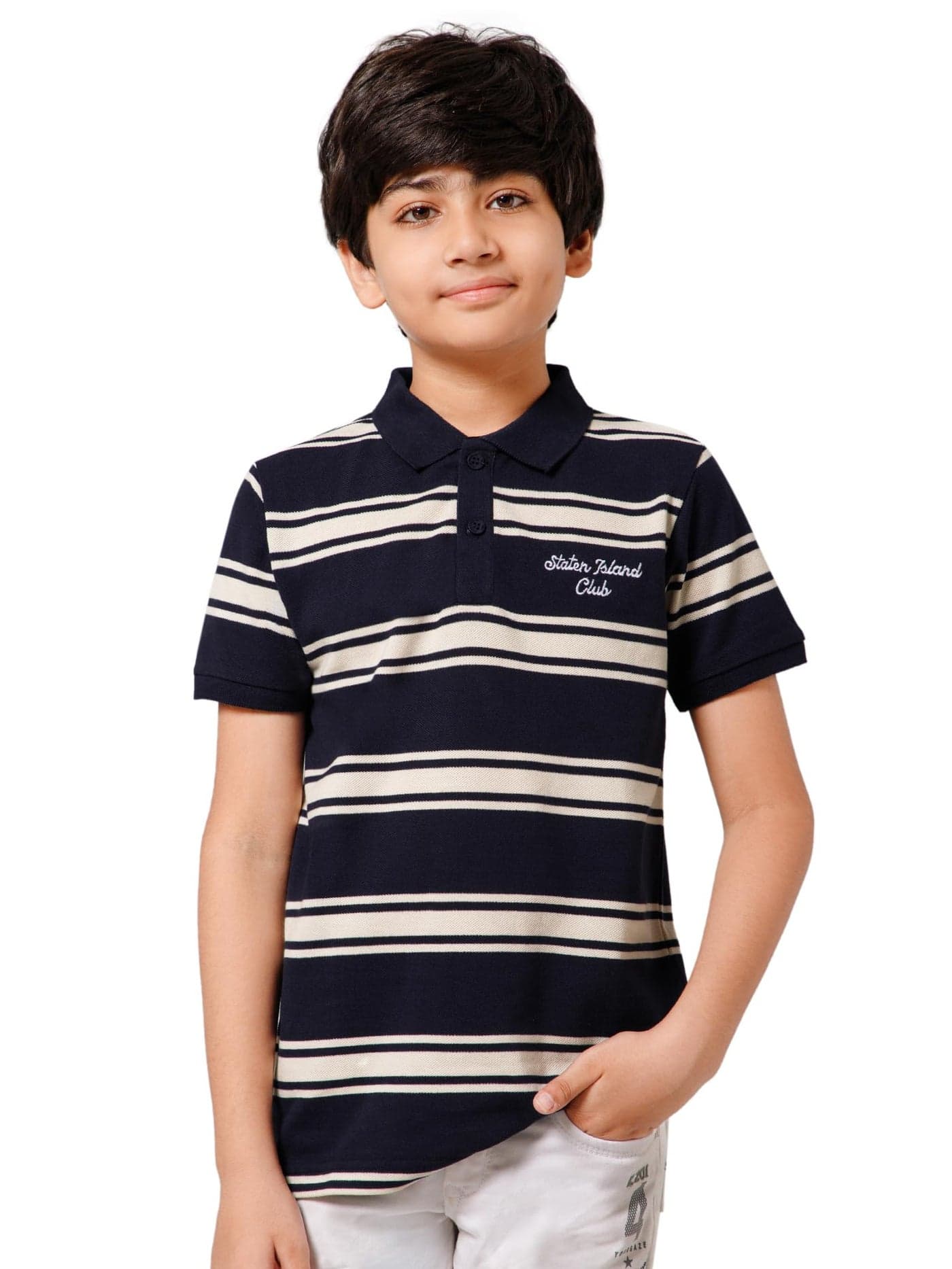 Alan Jones Clothing Striped Regular Fit Polo T-Shirt for Boys (Navy, Off-White_6-7 Years)