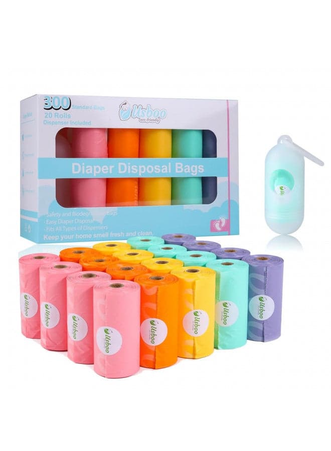 USBOO Diaper Bags Disposable for Baby, 20 Refill Rolls/300 Bags Waste Bags with Dispenser, Convenient and Quick Diaper Disposal, Rainbow