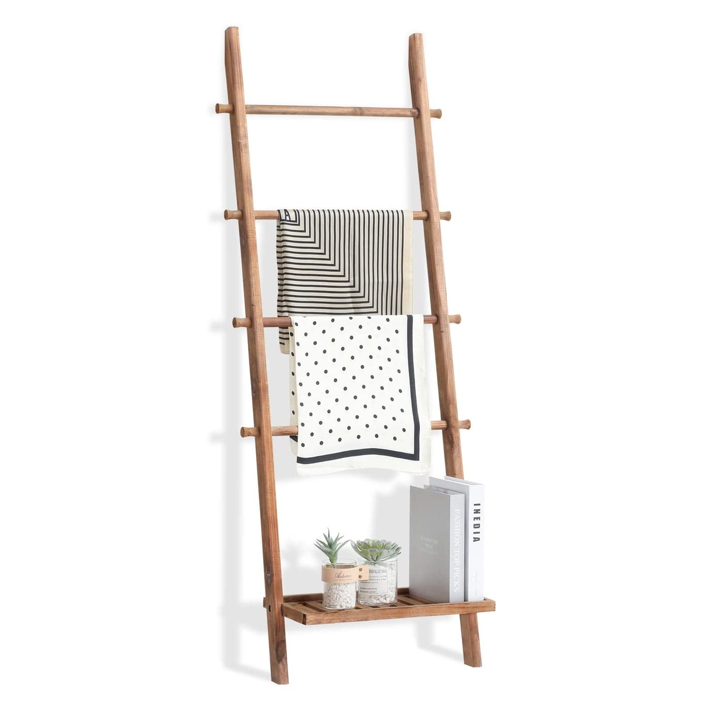 FUIN 5ft Wood Blanket Ladder with Bottom Shelf for Living Room Decorative Wall Leaning Farmhouse Quilt Display Holder Storage Rustic Wooden Towel Rack for Bathroom Light Brown