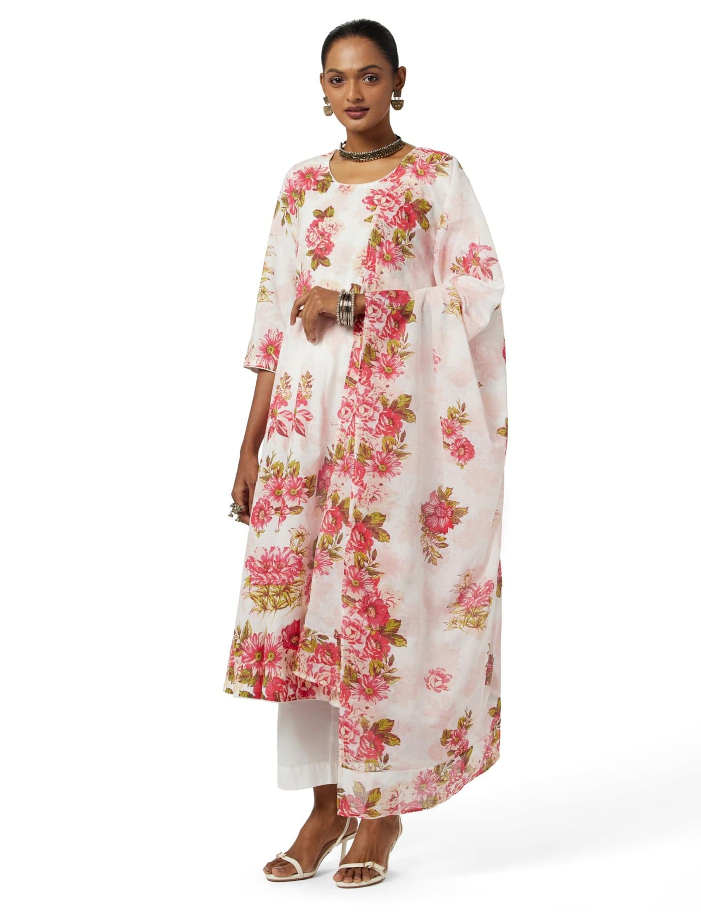 BIBA Cotton Women Printed Anarkali Salwar Kurta Dupatta(Skdsummer Breeze9410_Off White_32)