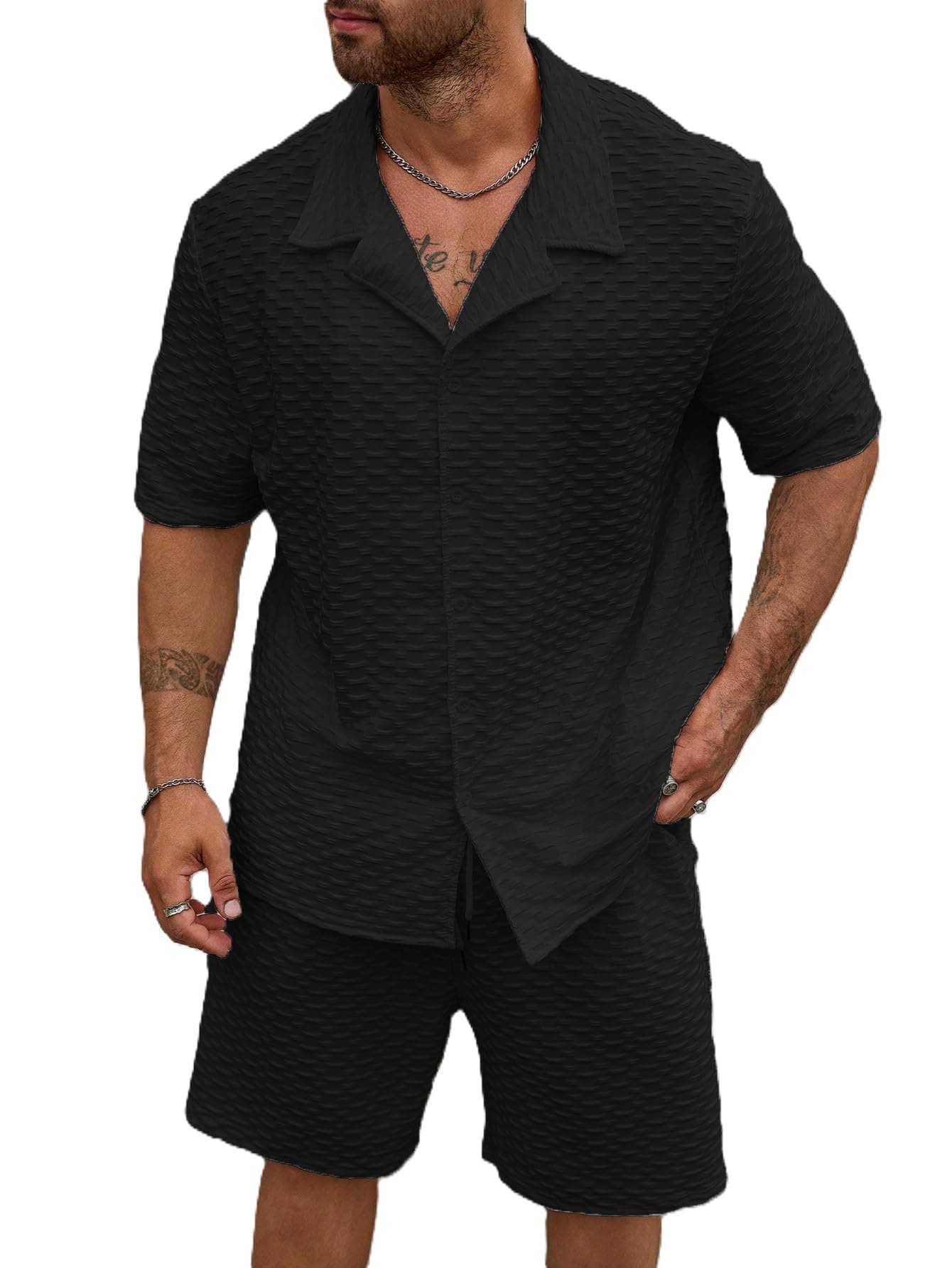 RAIZAX Men's Night Dress || Rayon Multi Printed Night Suit Set || Sleepwear Loungewear Shirt & Shorts Combo || Summer Wear Short Pajama Set for Men || Night Suit. (Black, XL)