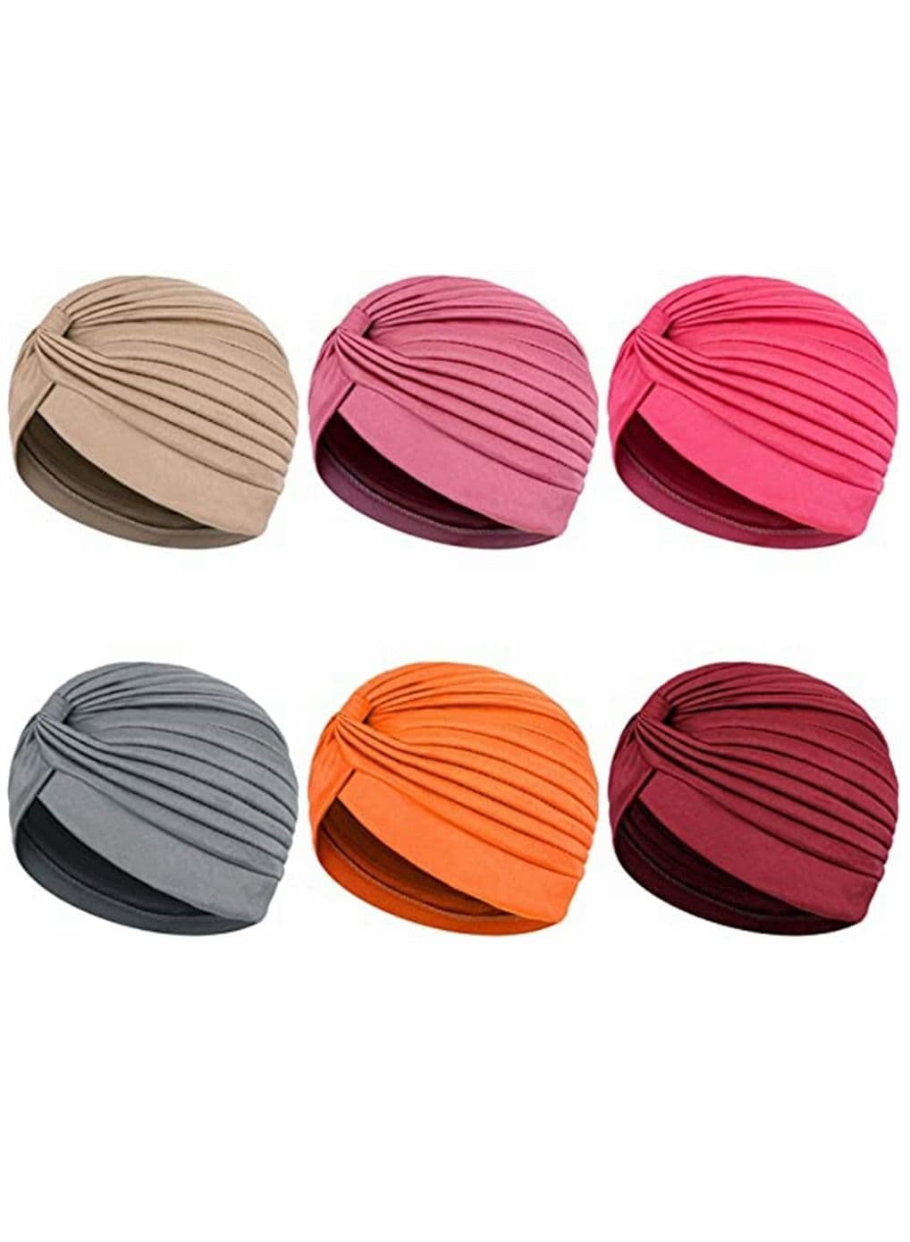 Turbans for Women, Stretch Slouchy Head Beanie Cover Pre-Tied Knot Twisted Pleated Headwrap Nightcap, Solid Color India Style Muslim Headgear Wraps Cap, Assorted Colors, 6 Pcs