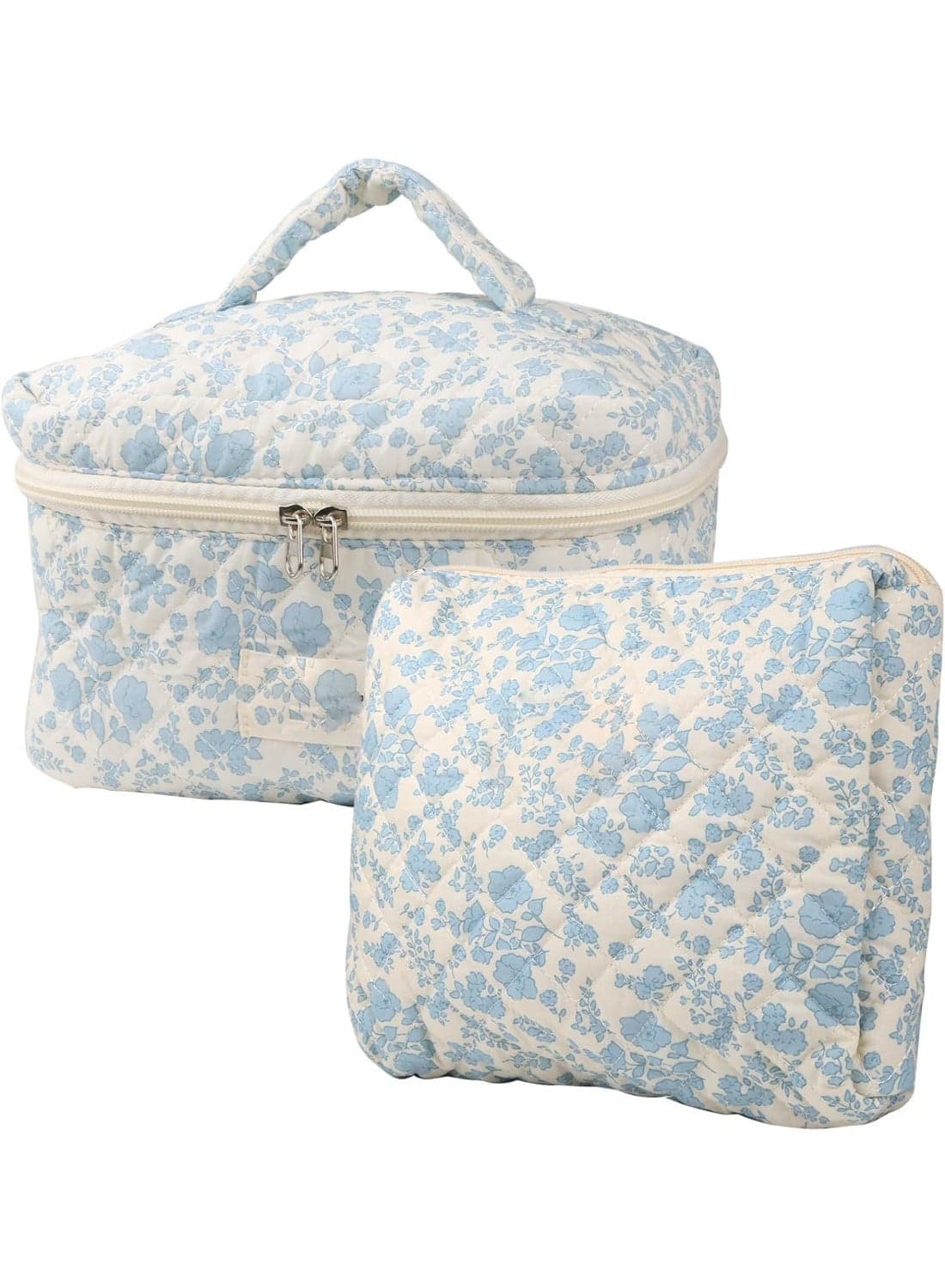 2 Pcs Cute Makeup Bag for Women, Travel Cosmetic Bags, Quilted Coquette Aesthetic Floral Toiletry Organizer Bag, Large Capacity, for Travel, Weekends, Etc, Navy Blue Flower