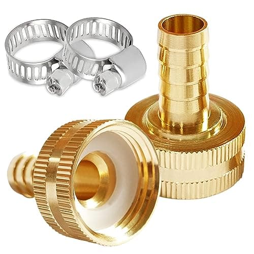 Uenede 2PCS Solid Brass 1/2" Barb x 3/4"GHT Female Garden Hose End Connector Splicer Mender Repair Fitting Include 2 Stainless Steel Clamps