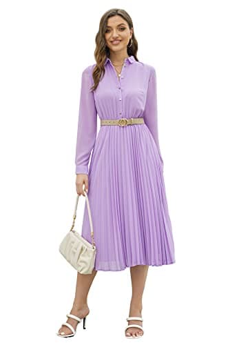 AbleTree Business Casual Shirt Dress for Women Long Sleeves Pleated Midi Dresses with Belt Lilac Purple