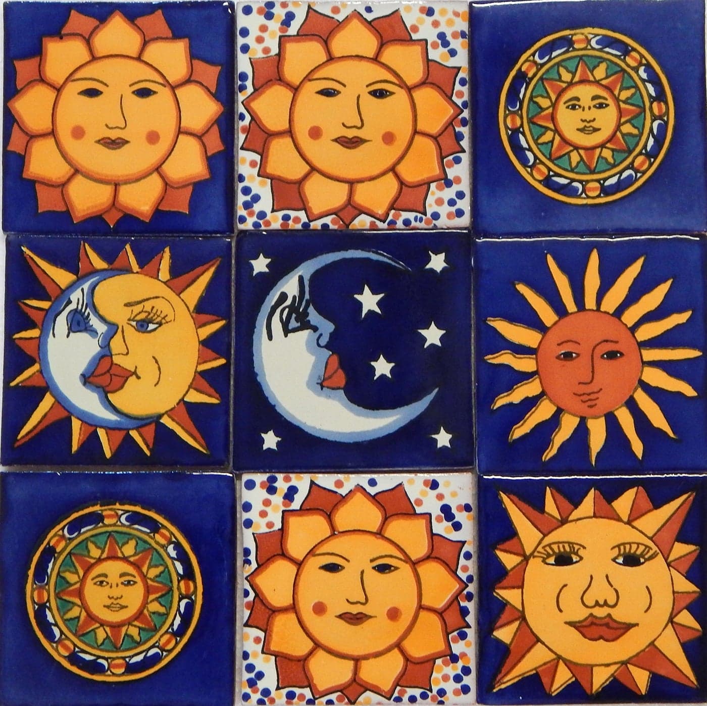COLOR Y TRADICIN Sun Moon Talavera Mexican Tile 4x4 Hand Painted