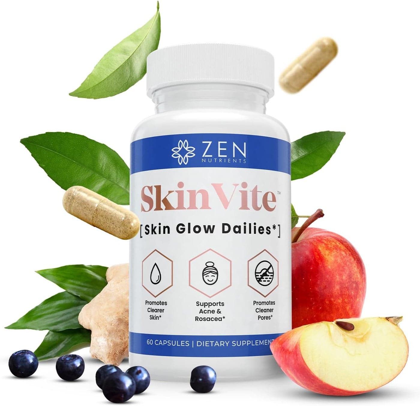 Zen Nutrients SkinVite Natural Skin Supplement for Women Men Teens Hormonal Breakouts Clear Skin Support Supplement Detoxifying Vitamin for Acne and Digestion Support