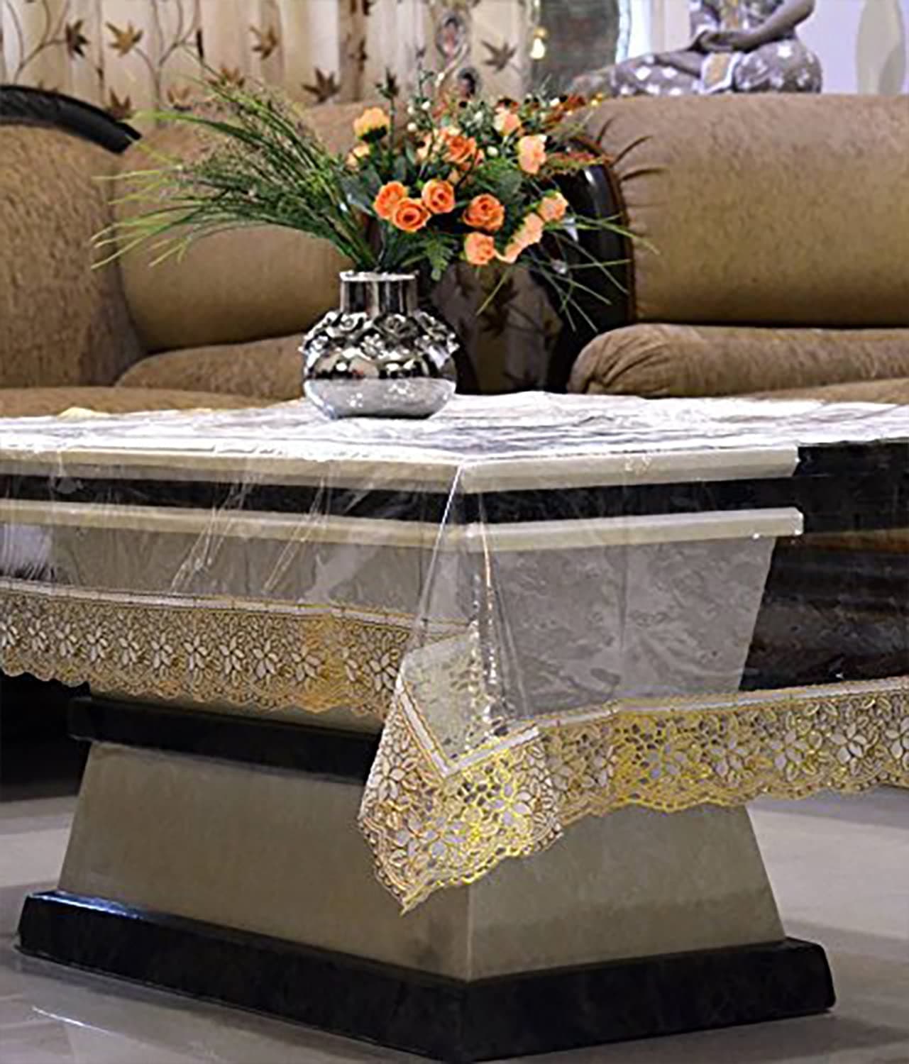 Kuber Industries Exclusive Table Cloth|PVC Center Table Cover|Table Sheet for Dining, Party, Events|Waterproof Protector|Indoor and Outdoor Use 60x40 (Gold Lace)
