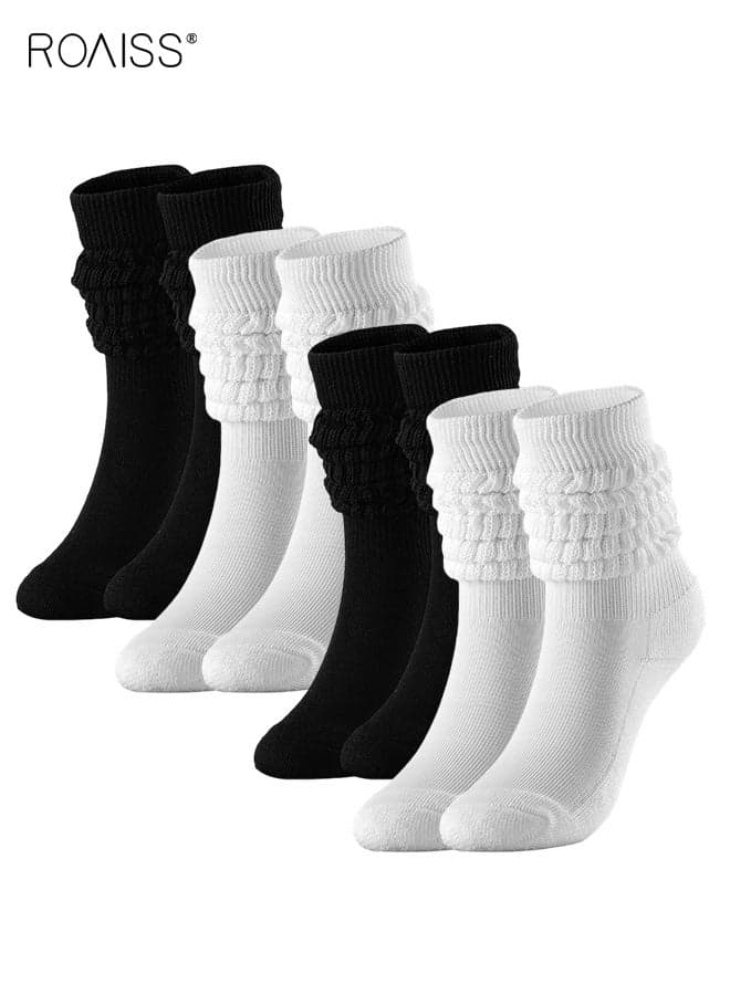 4 Pairs Women's Calf Socks, Solid-Color Knit Bubble Socks with Vertical Stripes, Elastic Comfort Mid-Calf Polyester Casual Socks for Multiple Styling Options Everyday Wear Style, Black & White