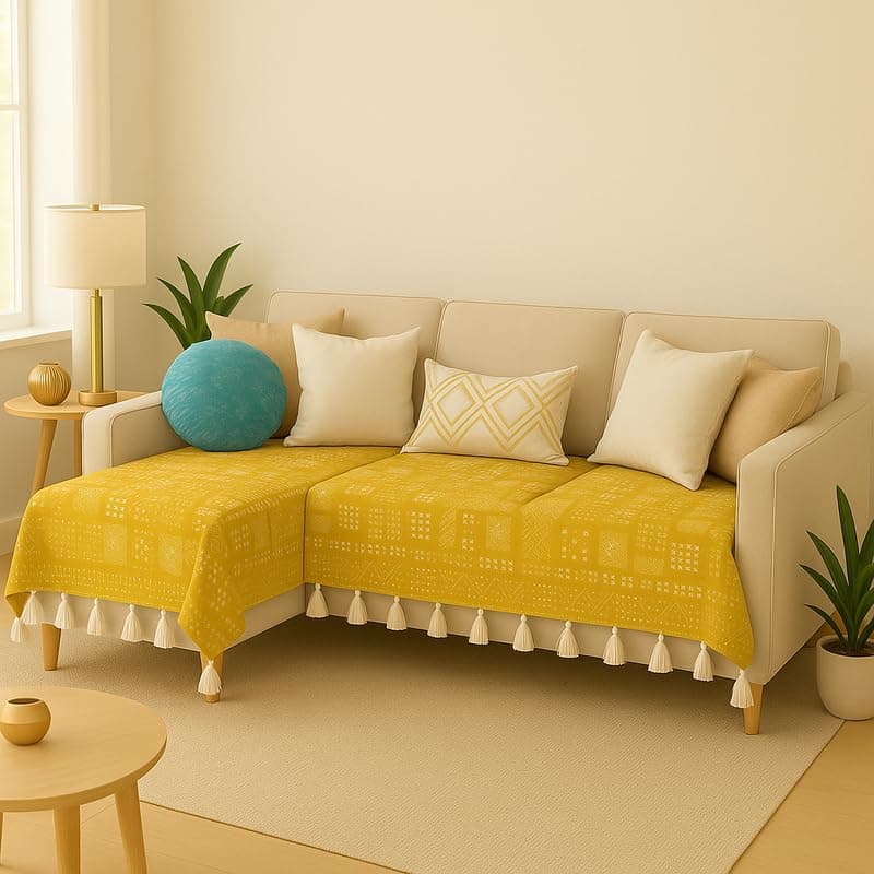 WWW.THROWPILLOW.IN Mustard Tribal Tassel Sofa Throw for 7 Seater Fully Covered Seat-3 3 l Sofa Throw-L Shape Sectional 3 Seater + Lounger +Ottoman|Sofa Cover Set 5 Pc-3 Seat & 2 Arm Rest Cover