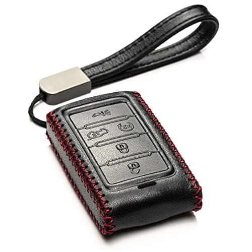 Vitodeco Genuine Leather Smart Key Fob Case Compatible with Jeep Wagoneer, Jeep Grand Wagoneer, Jeep Grand Cherokee 2022-2025 (5-Button, Black/Red)