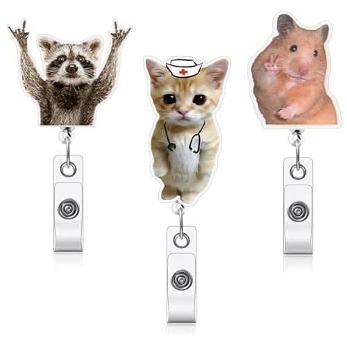 QURAS Funny Badge Reel Set – Cute Meme ID Holders with Cat, Raccoon & Hamster Designs, Retractable Clip for Nurses, Doctors & Office Staff (3 Pack)