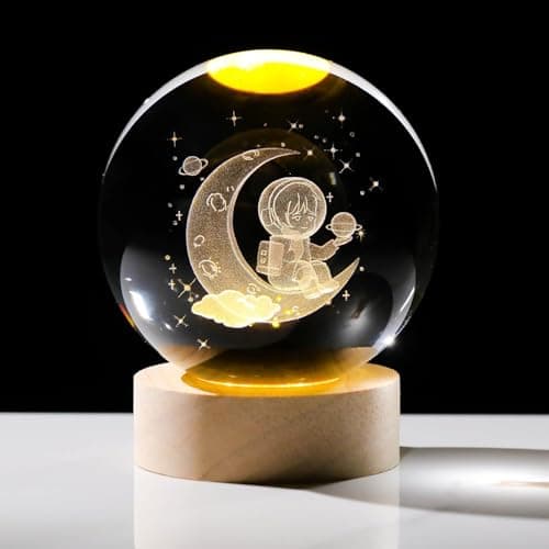 ALLWIN HOUSEWARE W 3D Moon Astronaut Crystal Ball Night Light with Wooden Base - LED USB Table Lamp for Kids, Teens, and Home Decor(Astronut)