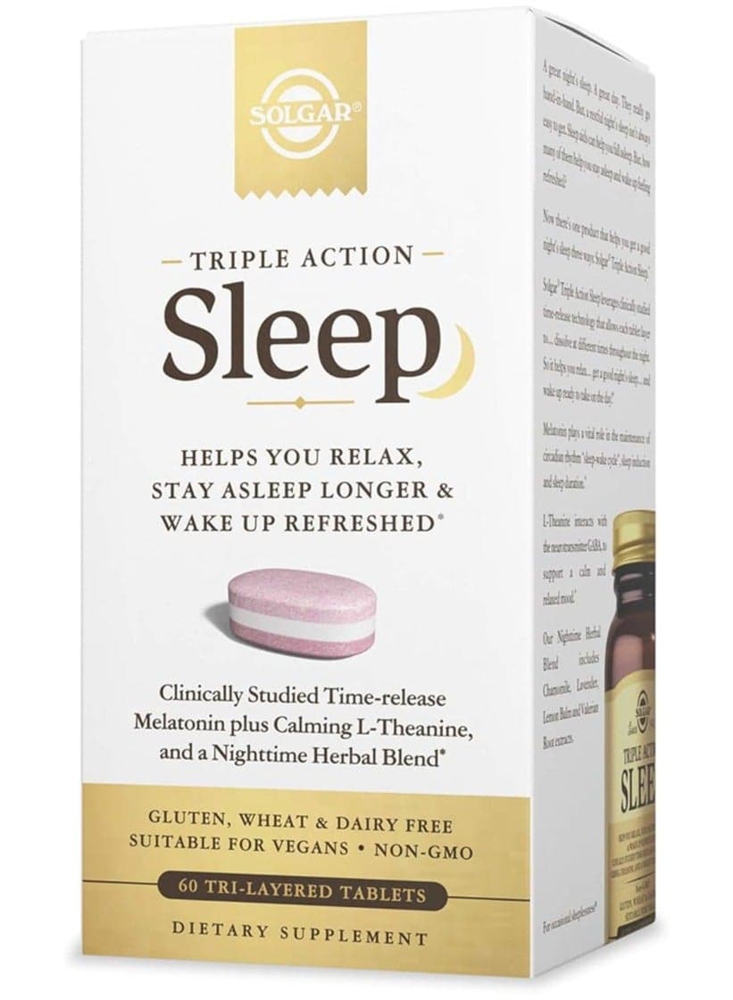 Triple Action Sleep, 60 Tri-Layer Tablets - Time-Release Melatonin And L-Theanine Plus Herbal Blend Helps You Relax, Fall Asleep Fast, Stay Asleep Longer - Non-GMO, Gluten Free - 60 Servings