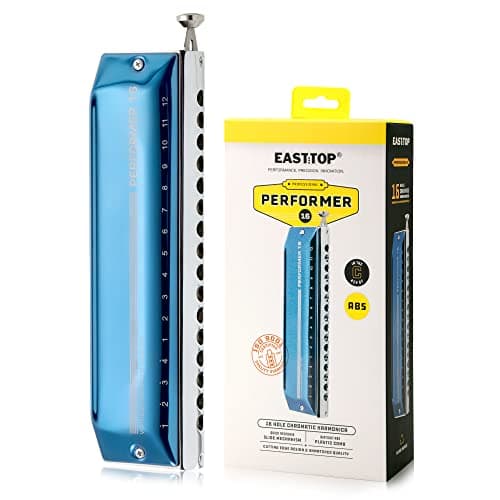 East top Upgrade Chromatic Harmonica 16 Hole 64 Tone Key of C, Professional Mouth Organ Harmonica For Adults, Students and Harmonica Lovers with Blue Cover (EAP-16)