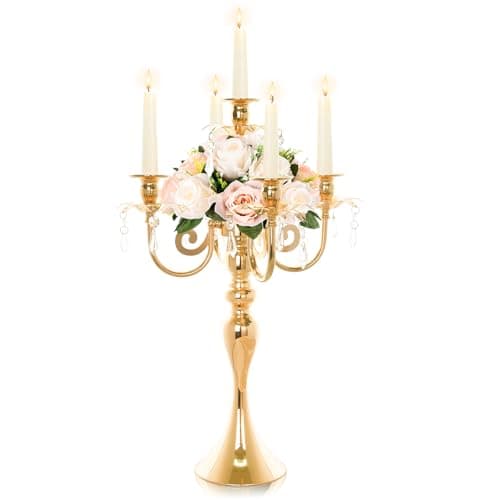 20.3'' Tall 5 Arm Gold Candelabra Centerpiece for Table, Metal &Crysyal Candle Holder, Retro Candelabra/Candlestick Table Centerpieces for Party, Events, Home, Wedding Decor (1pc, Gold)