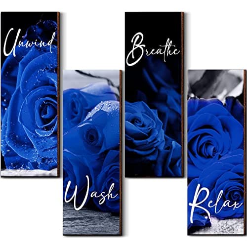 Set of 4 Rose Bathroom Wall Art Wooden Flower Restroom Decor Rustic Romantic Floral Farmhouse Modern Breathe Wash Unwind Relax Sign for Living Room Home 10 x 4 InchBlue