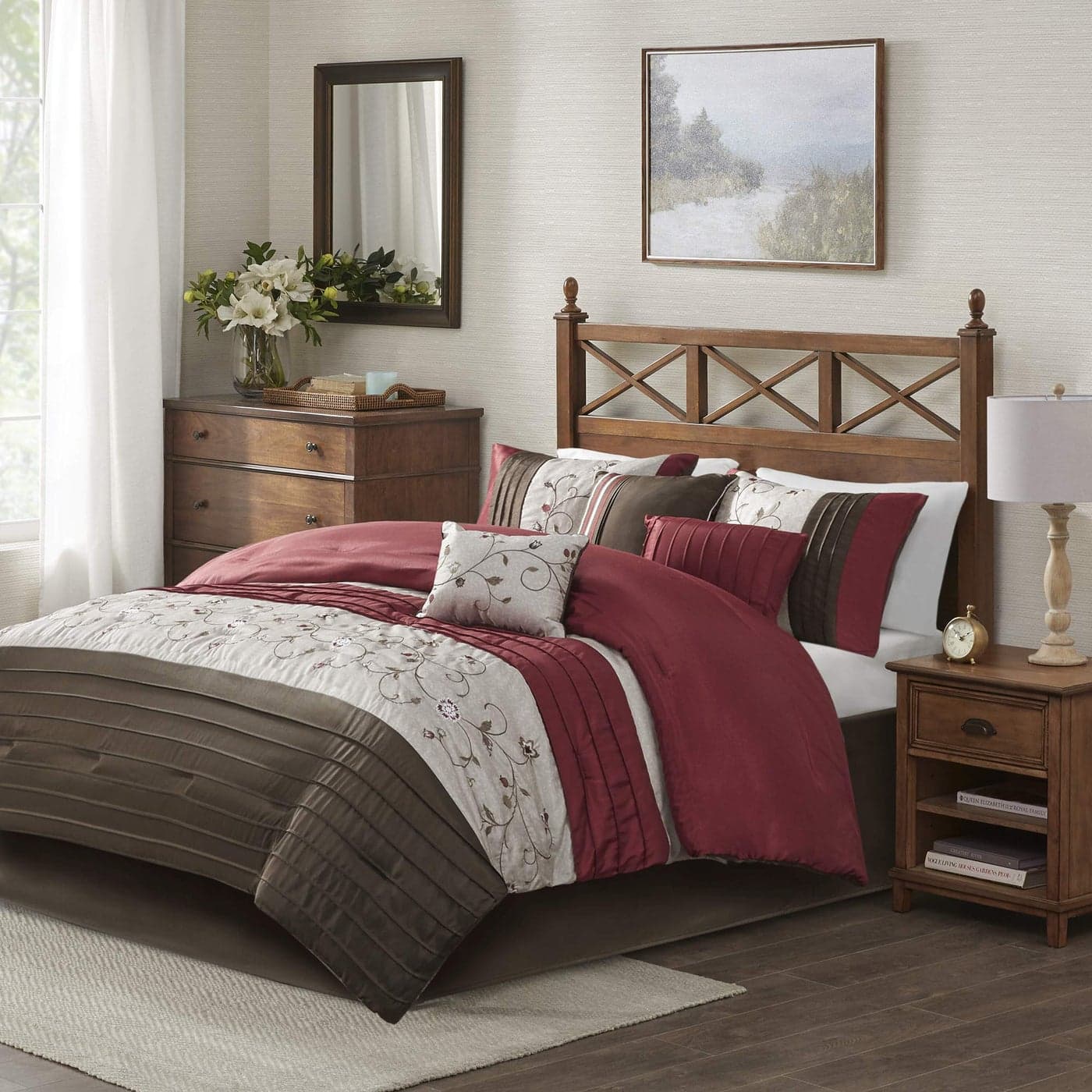 Madison Park Serene Faux Silk Comforter Set Floral Embroidery Design All Season Bedding Set Matching Bed Skirt Decorative Pillows Red Queen90x90 7 Piece