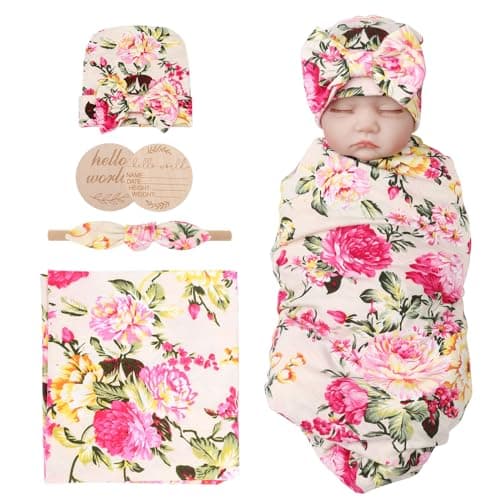 AQOKKA Newborn Receiving Blanket with Bow Hat Headband Wooden Card Set Newborns Toddler Baby Boy Girl Nursery Swaddle Wrap