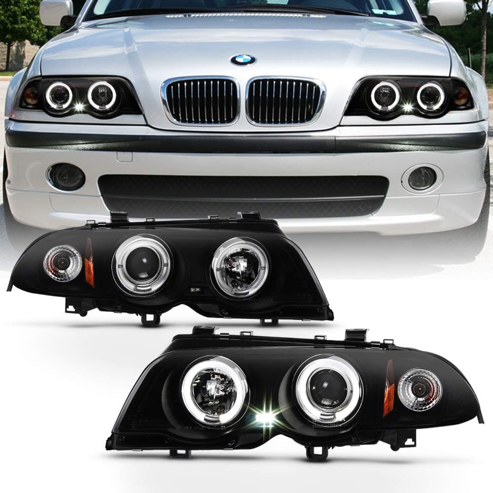 ACANII For Halogen Model 19992001 BMW E46 3Series Sedan Black LED Halo Projector Headlights Headlamps LeftRight