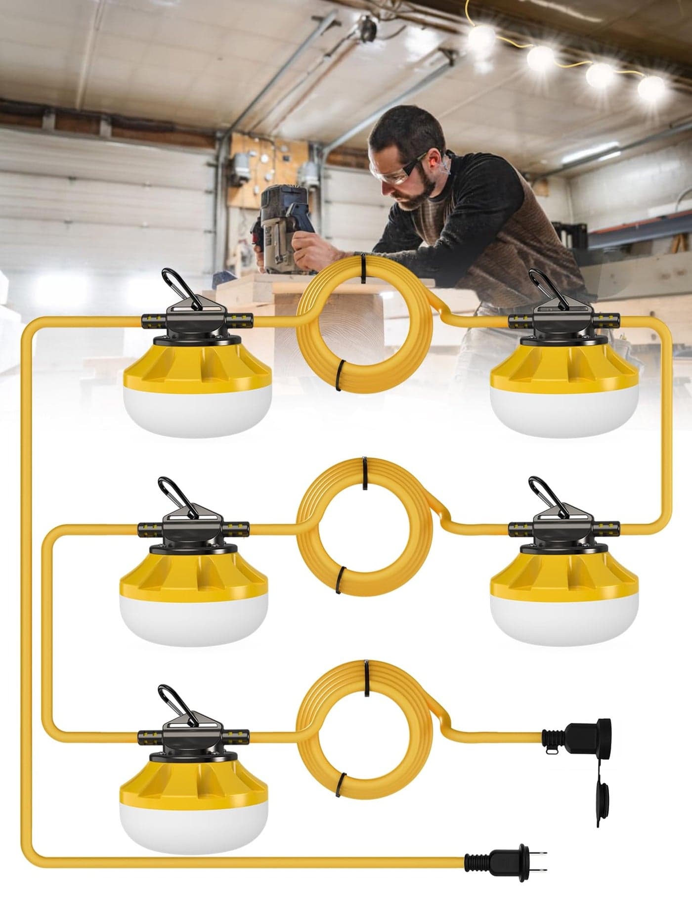 HYPERLITE Construction String Lights: 50FT 5 Bulbs Work Lights with Climbing Hooks - IP65 Waterproof Linkable LED Industrial Temporary Lighting for Construction Sites Attic Crawlspace Renovation