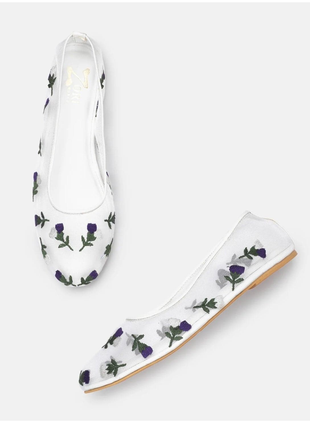 Flora White Sheer Mesh Floral Embroidered Ballet Flats For Ethnic, Fusion, Or Modern Outfits