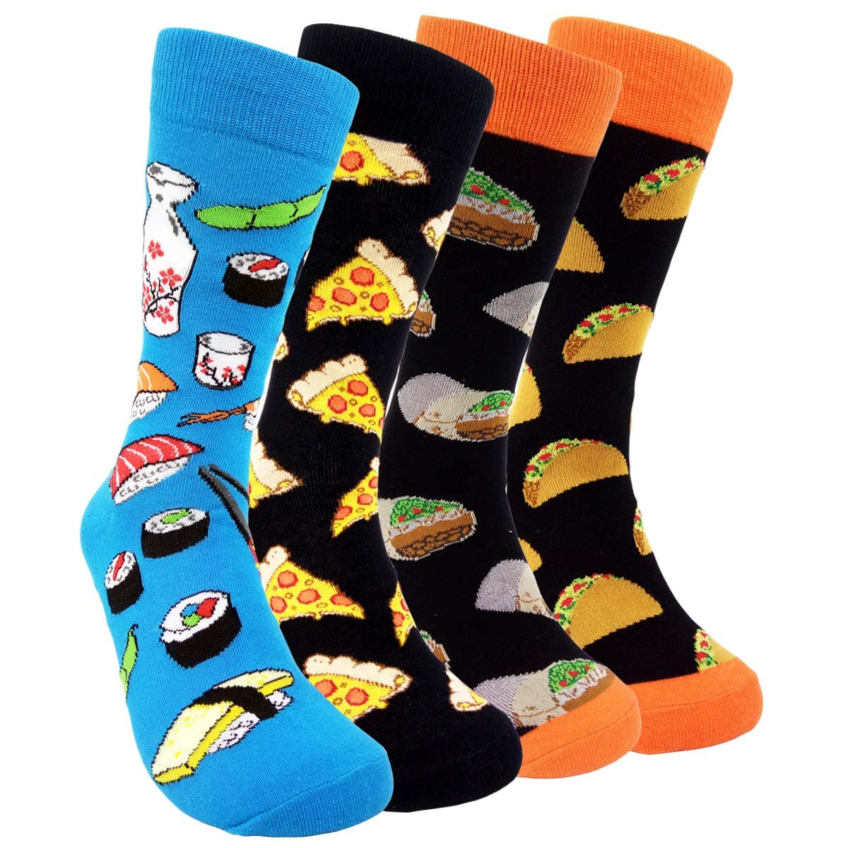 HSELL Mens Funny Food Pattern Dress Socks Sushi Cheese Taco Burritos Print Crazy Design Crew Socks Novelty Gift for Men Women Unisex Cotton Sock (4 Pairs - Sushi Cheese Taco Burritos)
