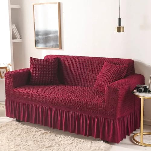 Lukzer 320 GSM Stretchable 1 Seater Turkish Sofa Cover Universal Couch Protector Bubble Fabric with Frill Universal Big Elasticity Slipcover (Wine Red/SC-098-01/70-110cm)