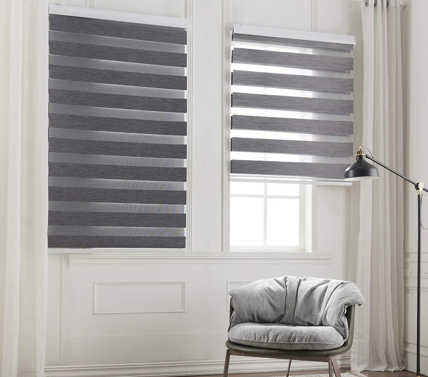 Taiyuhomes Day and Night Zebra Roller Blind Gradient Double Fabric Translucent or Blackout Vision Curtains for Window and Door with Aluminium Cassette Grey 115x150cmWxH