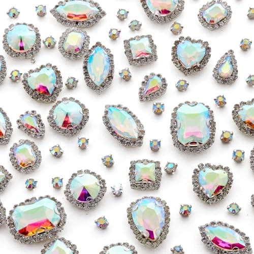 TANOSII Sew on Rhinestones 100 PCS Mixed Shapes Glass Rhinestones Sew on Crystal Gems Mental Flatback with Silver Claw for Jewelry Crafts Clothes Shoes Costume Garment AB White Type 1
