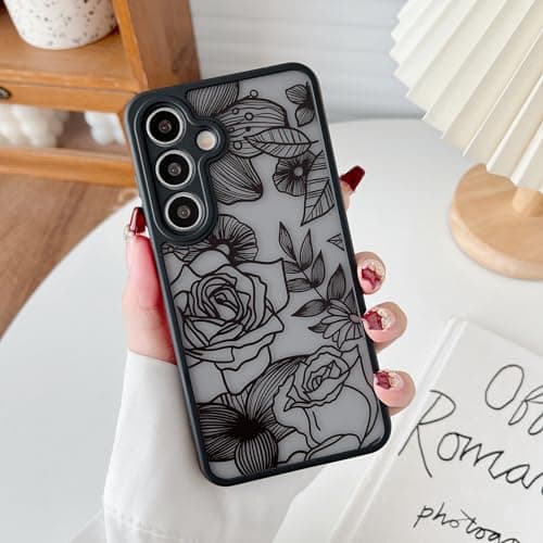 XIZYO for Samsung Galaxy S25 Plus Case, Floral Rose Cute Phone Case for Women Girls Aesthetic Pattern Print Slim TPU Bumper Cover Shockproof Protective Cover for S25 Plus, Black