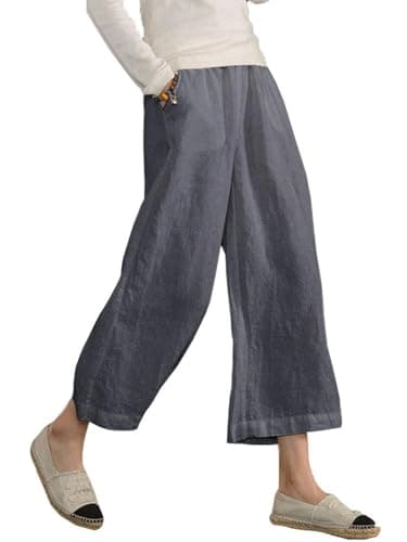 Womens Cotton Cropped Pants Loose Fit Wide Leg Capri Casual Plus Size Elastic Waist Trousers Gray M