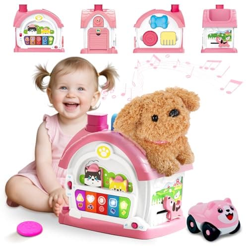 Montessori Toys for 1 2 3 Year Old Girl Gifts Musical Toy House with Stuffed Puppy Car Baby Toys 1218 Month Learning Educational Toy for Toddler 13 First Birthday Gifts for Girls Pink