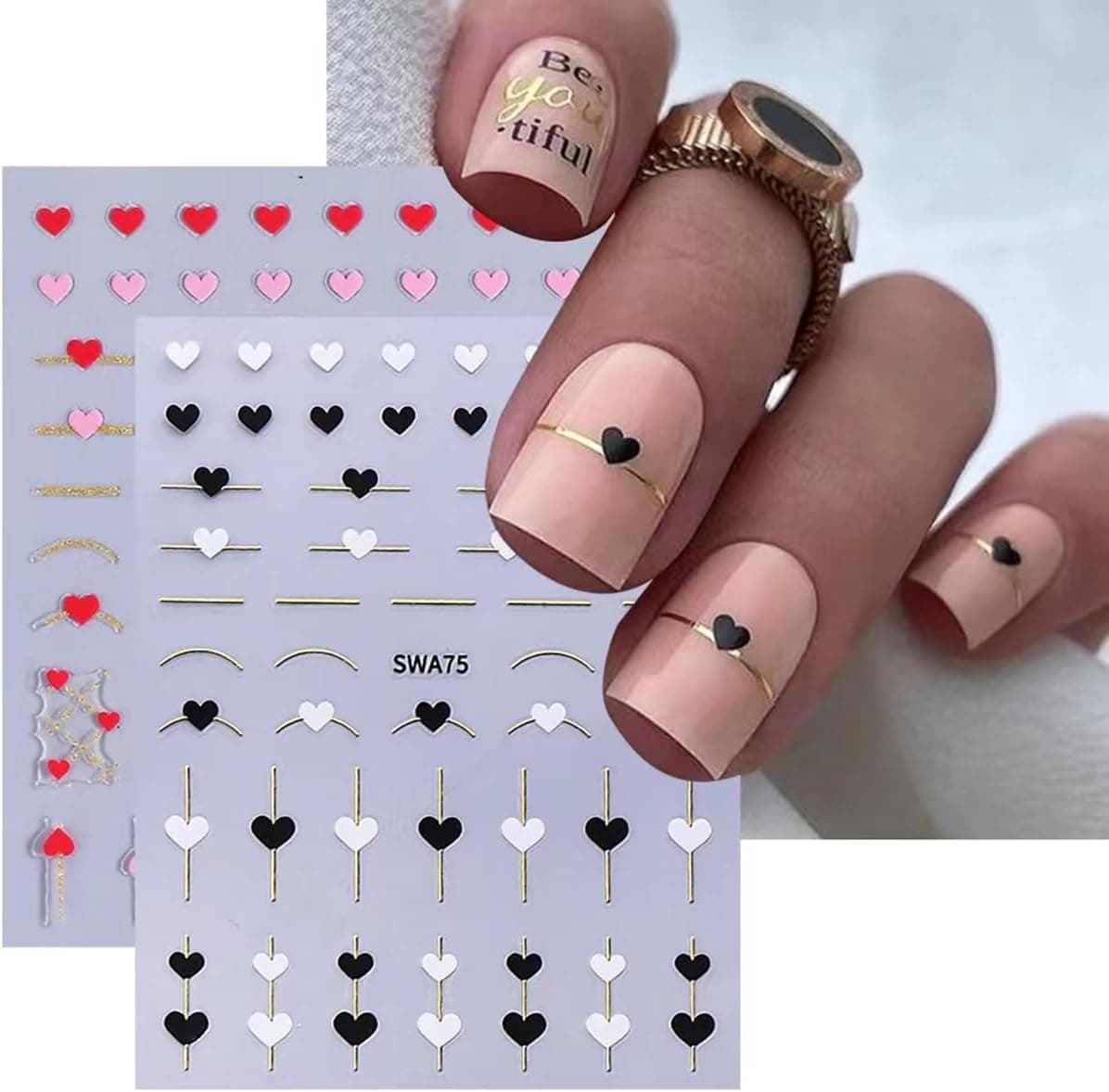 Heart Nail Stickers for Nail Art Valentine's Day Heart Nail Art Stickers Decals 6PCS Black White Red Heart French Tip Stipe Valentines Nail Design Decals Heart Stickers for Women Nail Art Decorations
