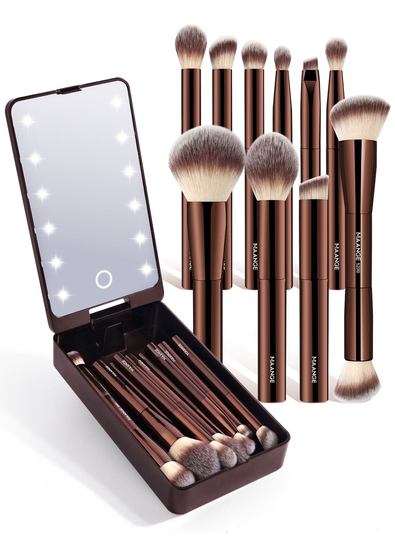 11Pcs Professional Makeup Brushes with LED Makeup Organizer, Premium Synthetic Face Foundation Powder Blush Eyeshadow Blending Eye Brush Set Travel Makeup Brushes Set,Brown