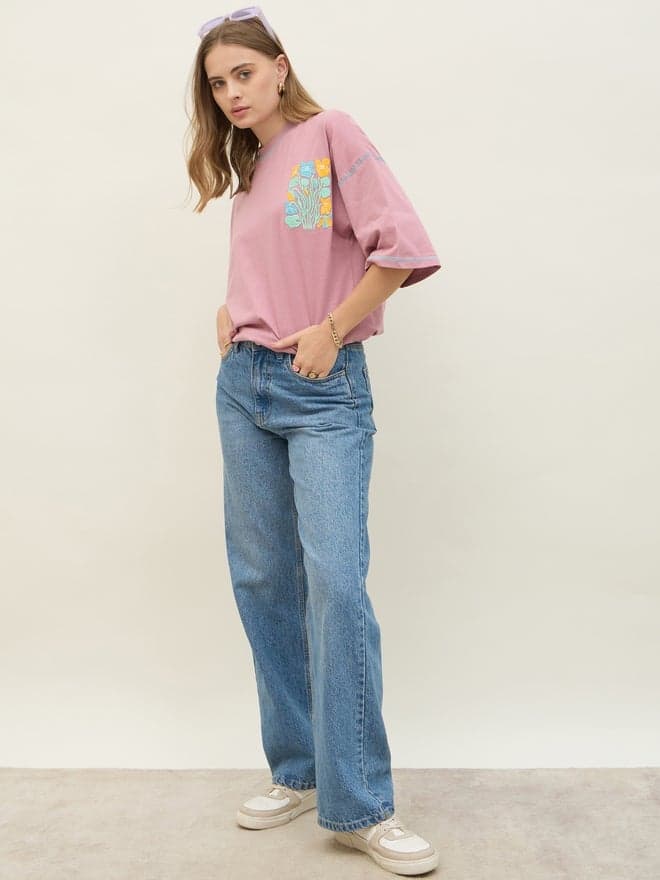 Oversized Embroidered Contrast Stitch Detail T-Shirt