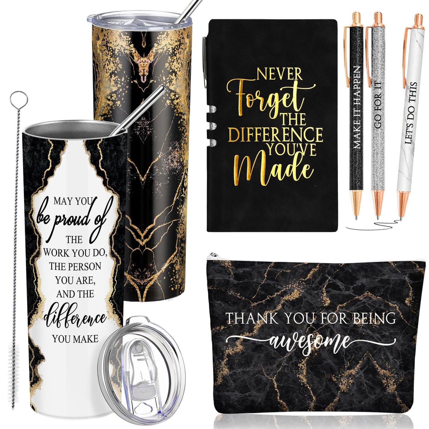 Domensi 6 Pcs Employee Appreciation Gift Set for Women Female Thank You Gift May You Be Proud 20 oz Rustic Blue Marble Sign Tumbler Makeup Bag Journal for Teacher Nurse Lady Work BusinessBlack