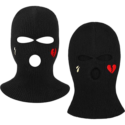 3-Hole Design Ski Mask 2 Pcs Balaclava Knitted Three Hole Mask Beanie Winter Full Face Cover for Outdoor Sports (Black, Heart Style)