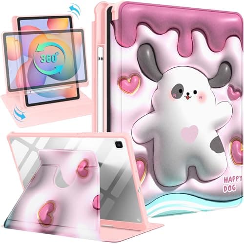 Kidcube for Samsung Galaxy Tab S6 Lite Case 10.4 Inch 2022/2020 Women Girls Kids Cute Folio Cover with Pencil Holder Cartoon Kawaii Dog Cartoon Rotating Stand Teens Tablet Cases SM-P610/P613/P615/P619