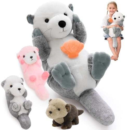 MorisMos 5Pcs Sea Otter Stuffed Animal with Babies236 Giant Mommy Stuffed Otter Toy with 3 Babies Plush Seashell Boy Girl Sea Animal Toys for Kids 35 Birthday Christmas Decor