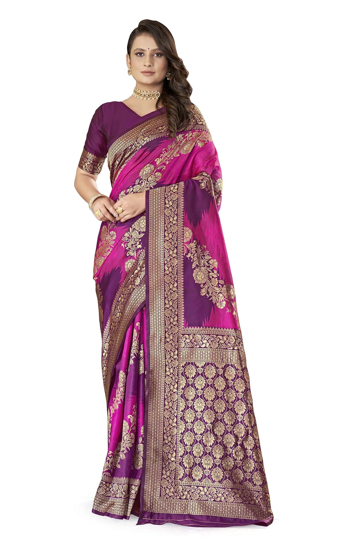 MANOHARI Women's Traditional Banarasi Silk With Woven Design Purple Saree With 0.8 Meter Heavy Embroidery Blouse Piece