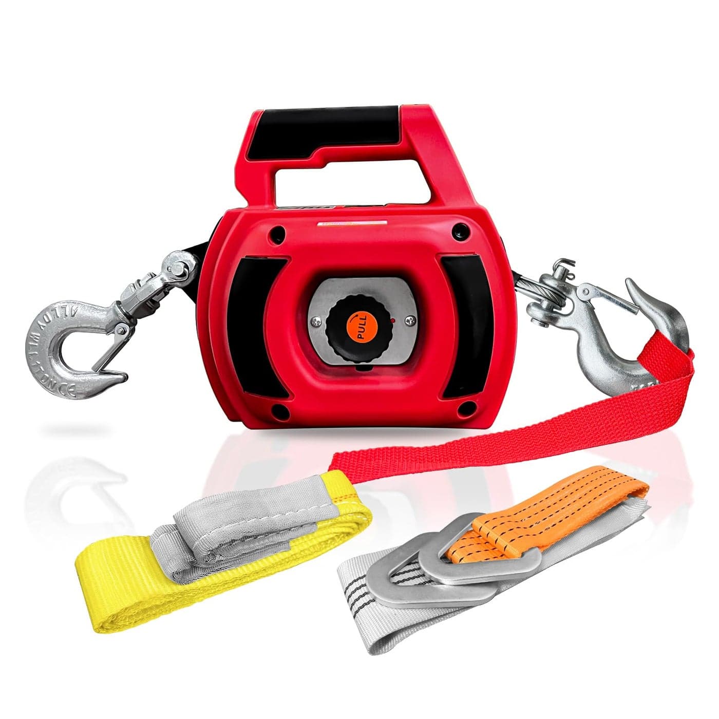 FITHOIST Portable Drill Winch 1000LBS Drill Powered Winch with Lift Sling Strap and D Rings Tie Down Strap Drill Winch with Alloy Steel Wire Rope 40FT for Dragging Handling Trailer Red