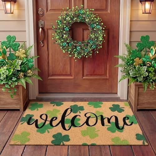 Tingjoo 2 Pcs St. Patrick's Day Coir Door Mat and Shamrock Wreath for Front Door Green Shamrock Welcome Doormat Irish St. Patrick's Day Decorations for Front Porch Entryway Decor