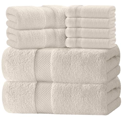 White Classic Luxury Bath Towel Set of 8 Pieces - 100% Turkish Cotton Highly Absorbent Towels for Bathroom, 2 Luxury Bath Towels 700GSM, 2 Hand Towels, 4 Washcloths, Ivory