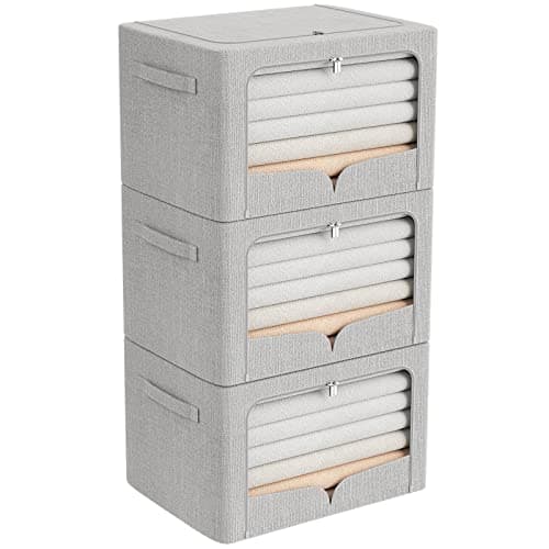 FHSQX 3 Pack Clothes Storage Bins Foldable Metal Frame Storage Box Extra Large Stackable Linen Fabric Organizer Set with Carrying Handles and Clear Window (Light Gray, 23.6x16.5x15.7inch(100L))