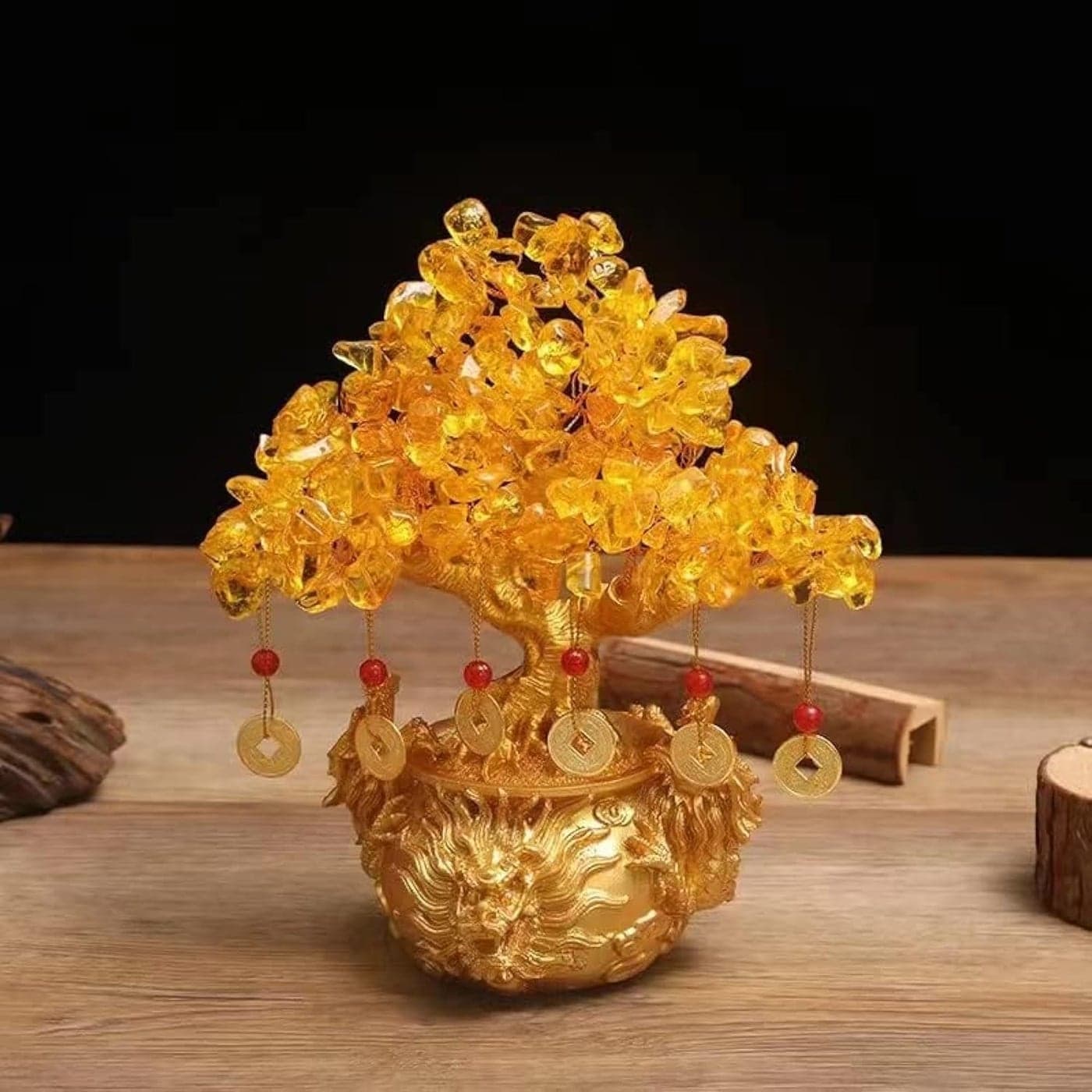 BAEKZ Crystal Bonsai Citrine Tree Money Tree Feng Shui Decorative Dragon Pot Gold Color