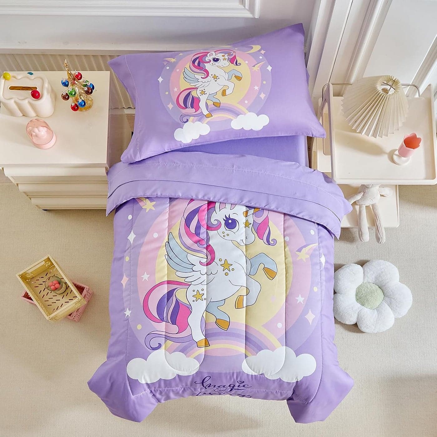 4 Pieces Purple Unicorn Toddler Bedding Set for Girls Cartoon Stars Rainbow Print Cute Princess Bed in a Bag Comforter Fitted Sheet Flat Sheet Pillowcase